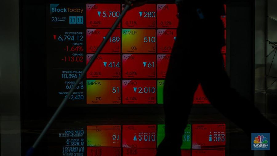 Layar menampilkan pergerakan Indeks Harga Saham Gabungan (IHSG) di gedung Bursa Efek Indonesia, Jakarta, Senin (23/6/2025). (CNBC Indonesia/ Faisal Rahman) Layar menampilkan pergerakan Indeks Harga Saham Gabungan (IHSG) di gedung Bursa Efek Indonesia, Jakarta, Senin (23/6/2025). (CNBC Indonesia/ Faisal Rahman)