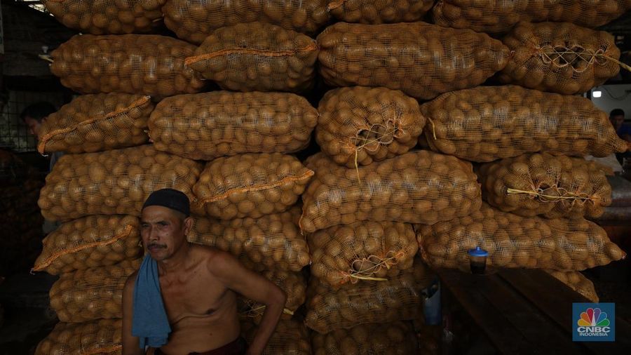 Sejumlah pekerja melakukan bongkar muat sayur dari Brebes, Jawa Tengah di Pasar Kramat Jati, Jakarta, Selasa (24/6/2025). Sejumlah pekerja melakukan bongkar muat sayur dari Brebes, Jawa Tengah di Pasar Kramat Jati, Jakarta, Selasa (24/6/2025). (CNBC Indonesia/Tri Susilo)