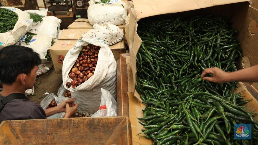 Sejumlah pekerja melakukan bongkar muat sayur dari Brebes, Jawa Tengah di Pasar Kramat Jati, Jakarta, Selasa (24/6/2025). Sejumlah pekerja melakukan bongkar muat sayur dari Brebes, Jawa Tengah di Pasar Kramat Jati, Jakarta, Selasa (24/6/2025). (CNBC Indonesia/Tri Susilo)