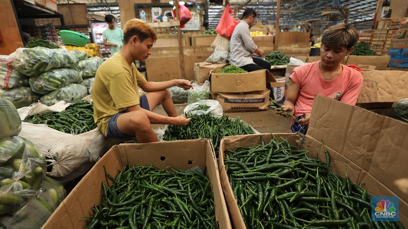 Sejumlah pekerja melakukan bongkar muat sayur dari Brebes, Jawa Tengah di Pasar Kramat Jati, Jakarta, Selasa (24/6/2025). Sejumlah pekerja melakukan bongkar muat sayur dari Brebes, Jawa Tengah di Pasar Kramat Jati, Jakarta, Selasa (24/6/2025). (CNBC Indonesia/Tri Susilo)