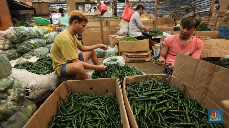 Sejumlah pekerja melakukan bongkar muat sayur dari Brebes, Jawa Tengah di Pasar Kramat Jati, Jakarta, Selasa (24/6/2025). (CNBC Indonesia/Tri Susilo)