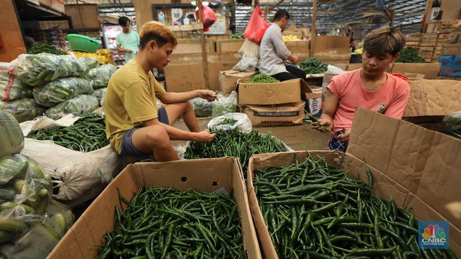 Sejumlah pekerja melakukan bongkar muat sayur dari Brebes, Jawa Tengah di Pasar Kramat Jati, Jakarta, Selasa (24/6/2025). Sejumlah pekerja melakukan bongkar muat sayur dari Brebes, Jawa Tengah di Pasar Kramat Jati, Jakarta, Selasa (24/6/2025). (CNBC Indonesia/Tri Susilo)