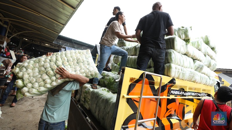 Sejumlah pekerja melakukan bongkar muat sayur dari Brebes, Jawa Tengah di Pasar Kramat Jati, Jakarta, Selasa (24/6/2025). Sejumlah pekerja melakukan bongkar muat sayur dari Brebes, Jawa Tengah di Pasar Kramat Jati, Jakarta, Selasa (24/6/2025). (CNBC Indonesia/Tri Susilo)