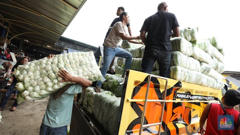 Sejumlah pekerja melakukan bongkar muat sayur dari Brebes, Jawa Tengah di Pasar Kramat Jati, Jakarta, Selasa (24/6/2025). (CNBC Indonesia/Tri Susilo)