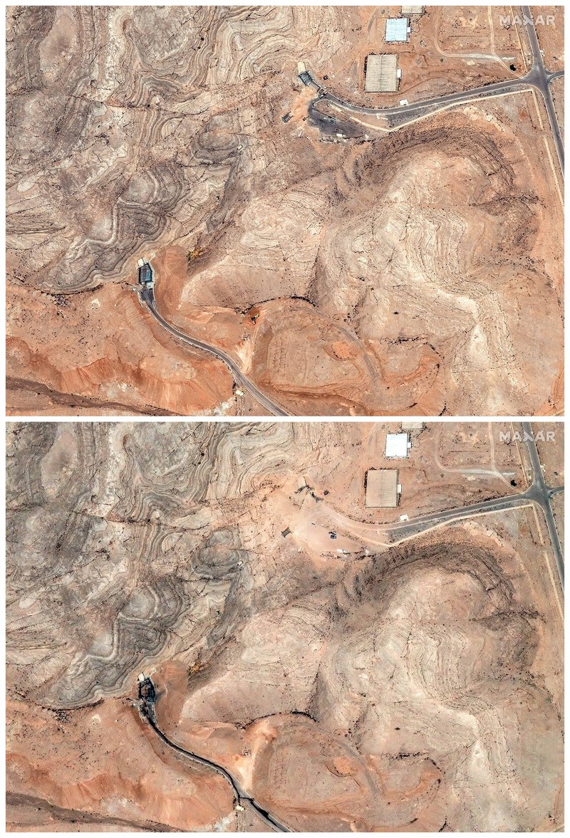 Gambar gabungan menunjukkan tampilan satelit dari pintu masuk terowongan ke Pusat Penelitian Teknologi Nuklir Isfahan sebelum dan sesudah terkena serangan udara AS di tengah konflik Iran-Israel, di Isfahan, Iran, 20 Juni 2025 (atas), dan 22 Juni 2025. Maxar Technologies/Handout via REUTERS