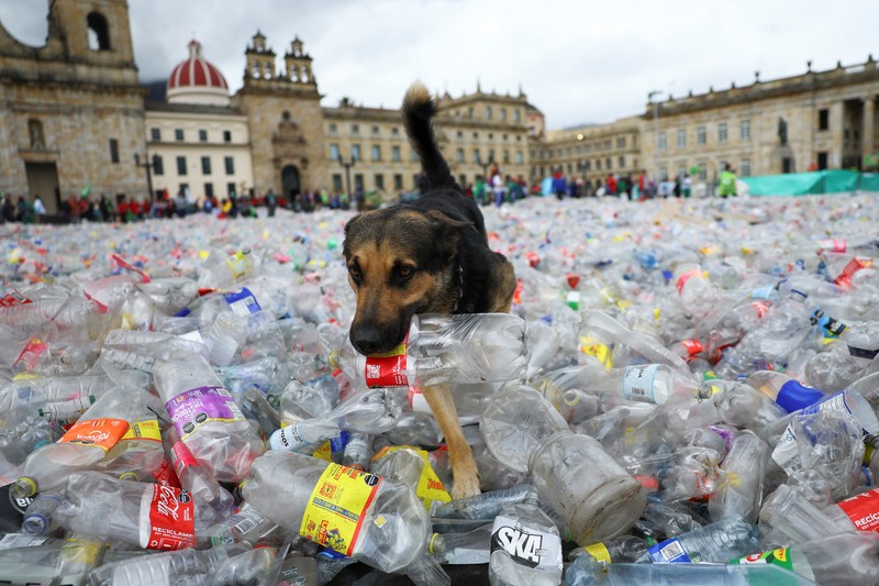Bahan yang dapat didaur ulang terletak di Plaza de Bolivar, saat para pendaur ulang memprotes penurunan harga bahan daur ulang, di Bogota, Kolombia, 24 Juni 2025. (REUTERS/Luisa Gonzalez)