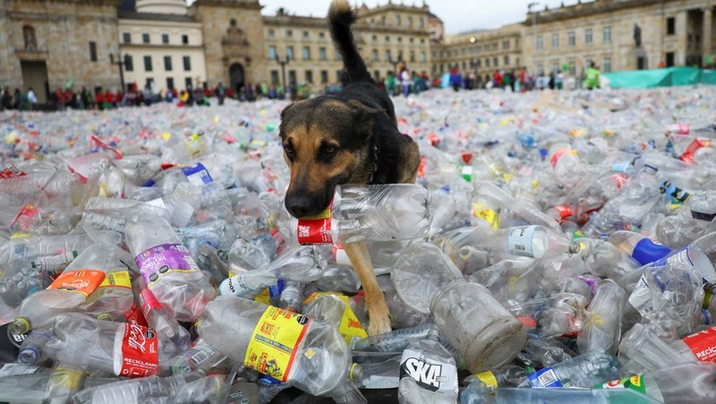 Bahan yang dapat didaur ulang terletak di Plaza de Bolivar, saat para pendaur ulang memprotes penurunan harga bahan daur ulang, di Bogota, Kolombia, 24 Juni 2025. (REUTERS/Luisa Gonzalez)