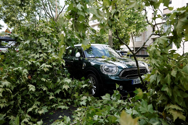 Pemandangan cabang-cabang pohon yang patah di atas mobil yang rusak di jalan sehari setelah badai besar melanda Paris, Prancis, 26 Juni 2025. REUTERS/Benoit Tessier