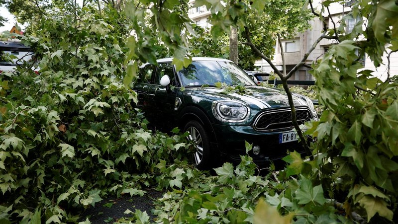 Pemandangan cabang-cabang pohon yang patah di atas mobil yang rusak di jalan sehari setelah badai besar melanda Paris, Prancis, 26 Juni 2025. REUTERS/Benoit Tessier