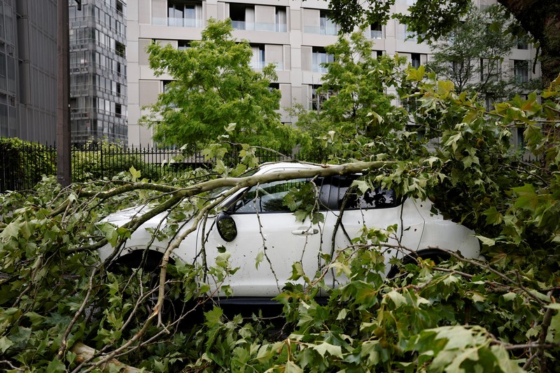 Pemandangan cabang-cabang pohon yang patah di atas mobil yang rusak di jalan sehari setelah badai besar melanda Paris, Prancis, 26 Juni 2025. REUTERS/Benoit Tessier