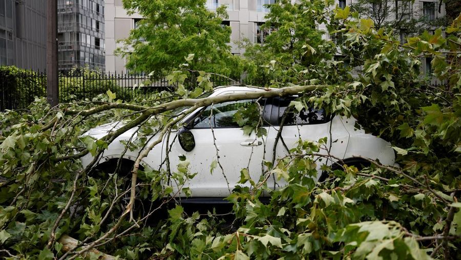Pemandangan cabang-cabang pohon yang patah di atas mobil yang rusak di jalan sehari setelah badai besar melanda Paris, Prancis, 26 Juni 2025. REUTERS/Benoit Tessier