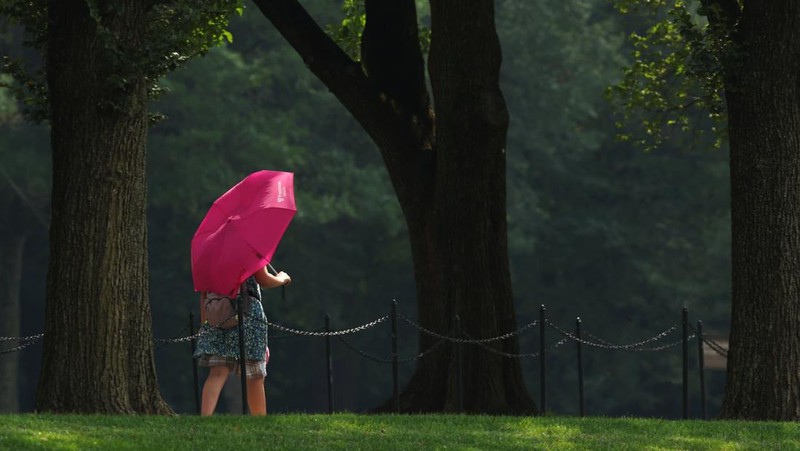Seorang pengunjung National Mall memegang payung untuk melindungi diri dari terik matahari, di tengah gelombang panas berbahaya yang melanda wilayah timur Amerika Serikat, di Washington, D.C., AS, 25 Juni 2025. (REUTERS/Kevin Lamarque)