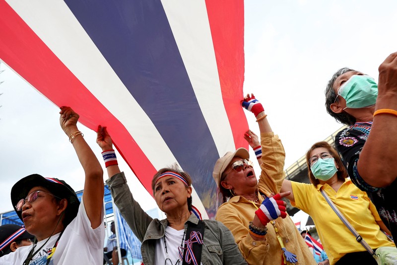 Unjuk rasa antipemerintah terhadap PM Thailand Shinawatra di Bangkok, Thailand, Sabtu (29/6/2025). (REUTERS/Chalinee Thirasupa)