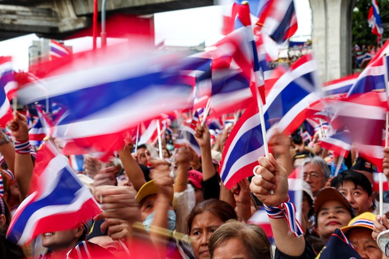 Unjuk rasa antipemerintah terhadap PM Thailand Shinawatra di Bangkok, Thailand, Sabtu (29/6/2025). (REUTERS/Chalinee Thirasupa)