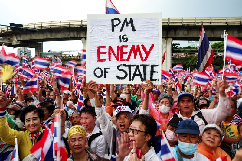 Unjuk rasa antipemerintah terhadap PM Thailand Shinawatra di Bangkok, Thailand, Sabtu (29/6/2025). (REUTERS/Chalinee Thirasupa)