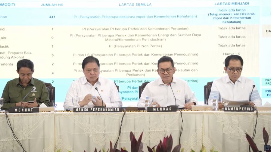 Konferensi pers bersama Deregulasi Kebijakan Impor dan Deregulasi Kemudahan Berusaha di Auditorium Kementerian Perdagangan, Jakarta, Senin (30/6/2025). (YouTube/Kemendag)