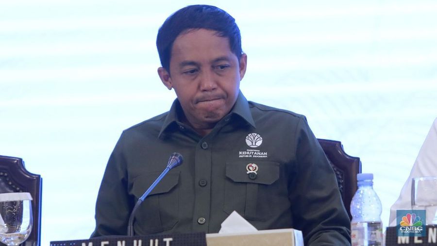 Menteri Kehutanan (Menhut) RI, Raja Juli Antoni dalam konferensi pers bersama terkait deregulasi kebijakan impor dan deregulasi kemudahan berusaha di Kementrian Perdagangan, Jakarta, Senin (30/6/2025). (CNBC Indonesia/Muhammad Sabki)