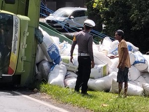 Truk Muat Dedak Terguling di Jalur Amlapura-Denpasar