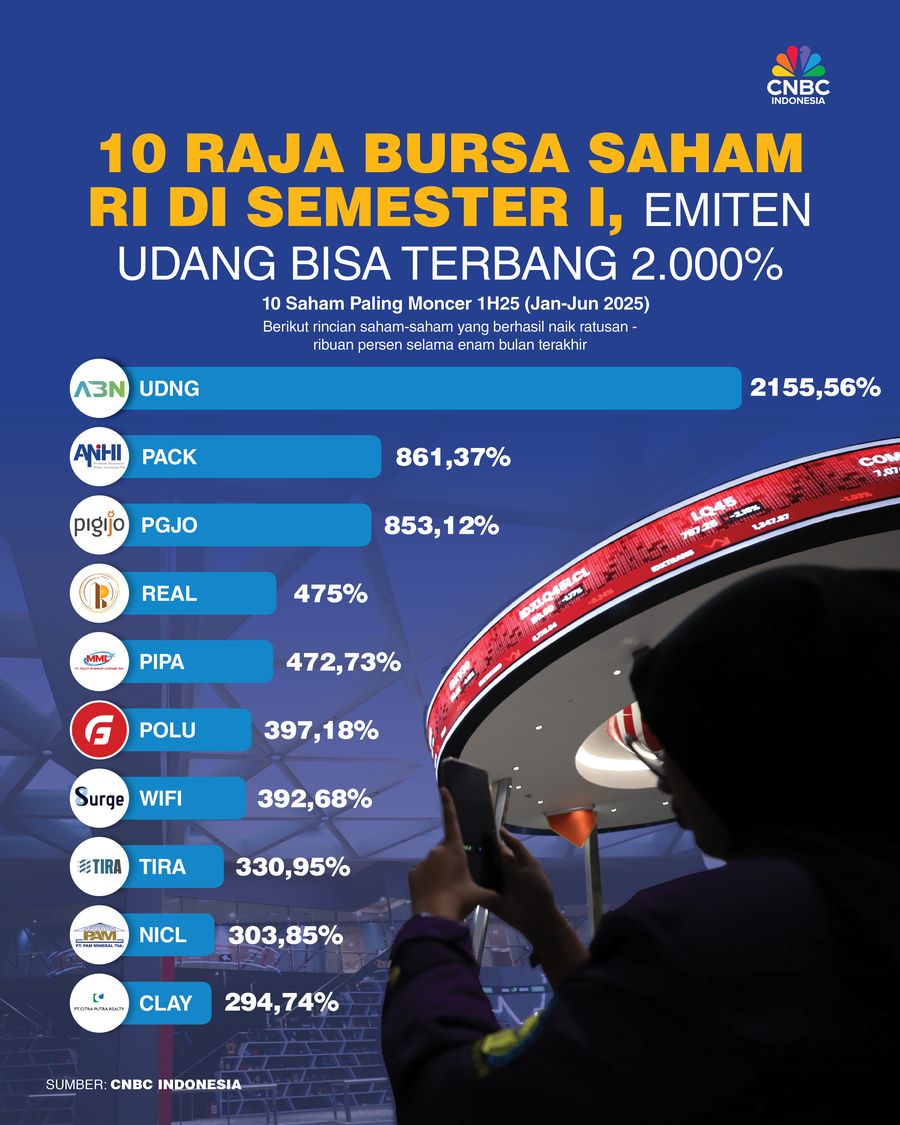 10 Raja Bursa Saham RI di Semester I, Emiten Udang Bisa Terbang 2.000%