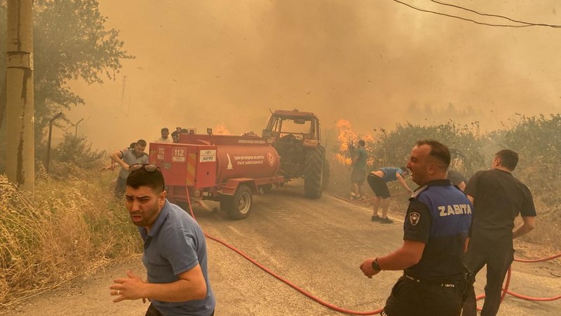 Kebakaran hutan melanda dekat rumah-rumah di Hatay, Turki pada Senin malam (30 Juni), dan warga dievakuasi menurut keterangan pejabat. (Tangkapan Layar Video Reuters/IHA)