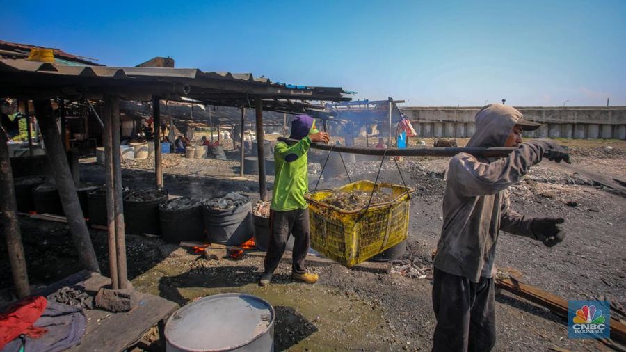 Warga melepaskan daging kerang hijau dari cangkangnya di perkampungan nelayan kawasan Dadap, Kabupaten Tangerang, Rabu (2/6/2025). (CNBC Indonesia/Faisal Rahman)