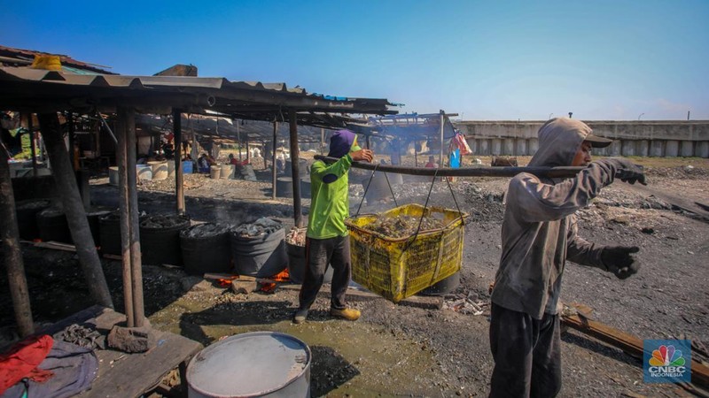 Warga melepaskan daging kerang hijau dari cangkangnya di perkampungan nelayan kawasan Dadap, Kabupaten Tangerang, Rabu (2/6/2025). (CNBC Indonesia/Faisal Rahman)