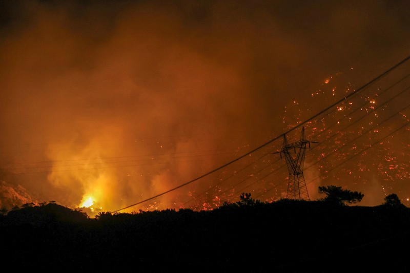 Api membubung saat kebakaran hutan melanda dekat Ierapetra, di Pulau Kreta, Yunani, 2 Juli 2025. (REUTERS/Stefanos Rapanis)