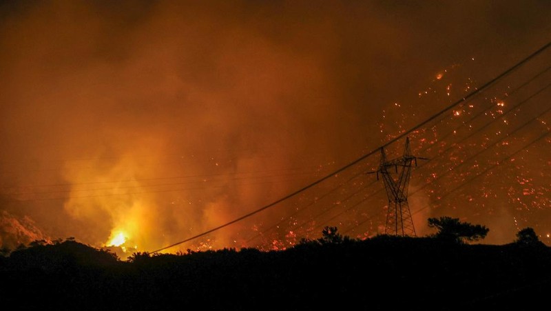 Api membubung saat kebakaran hutan melanda dekat Ierapetra, di Pulau Kreta, Yunani, 2 Juli 2025. (REUTERS/Stefanos Rapanis)