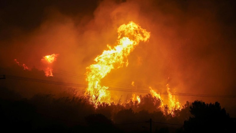 Api membubung saat kebakaran hutan melanda dekat Ierapetra, di Pulau Kreta, Yunani, 2 Juli 2025. (REUTERS/Stefanos Rapanis)