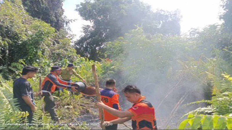 Tim gabungan melakukan pemadaman karhutla yang terjadi di Desa Turpuk Limbong, Kecamatan Harian, Kabupaten Samosir, Sumatera Utara, pada Selasa (1/7/2025). (Dok. BPBD Kabupaten Samosir)