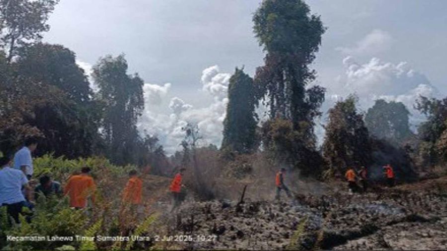 Tim gabungan melakukan pemadaman karhutla yang terjadi di Desa Turpuk Limbong, Kecamatan Harian, Kabupaten Samosir, Sumatera Utara, pada Selasa (1/7/2025). (Dok. BPBD Kabupaten Samosir)