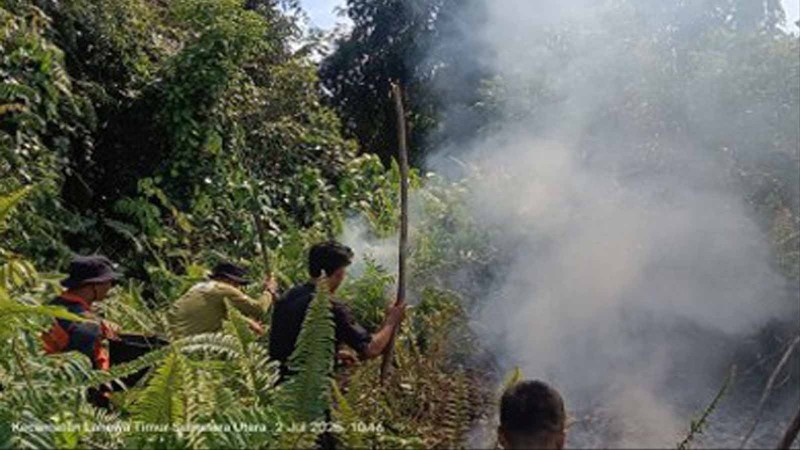 Tim gabungan melakukan pemadaman karhutla yang terjadi di Desa Turpuk Limbong, Kecamatan Harian, Kabupaten Samosir, Sumatera Utara, pada Selasa (1/7/2025). (Dok. BPBD Kabupaten Samosir)