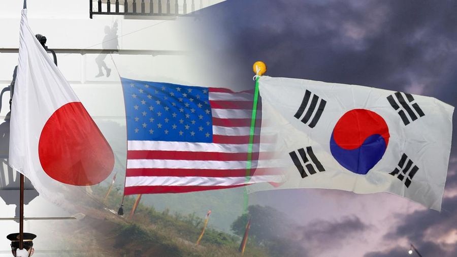 Foto kolase bendera Jepang, Amerika Serikat, dan Korea Selatan. (CNBC Indonesia)