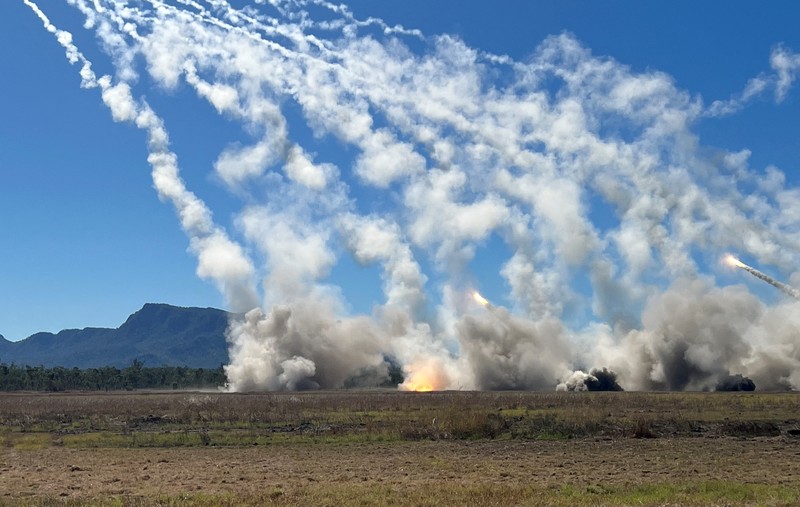 HIMARS rockets are fired by Australian, U.S. and Singapore defence forces as part of the Talisman Sabre 2025 joint war fighting exercise, at Shoalwater Bay, Queensland, Australia, July 14, 2025.  REUTERS/Kirsty Needham