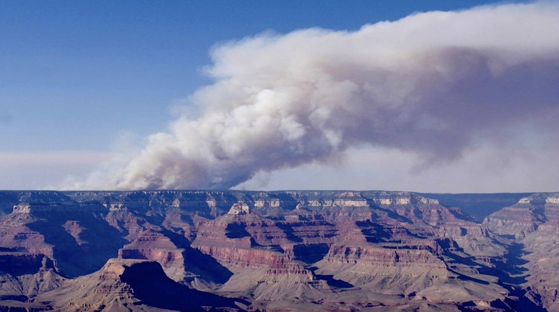 Petugas pemadam kebakaran dan kendaraan darurat diposisikan di depan Kebakaran Dragon Bravo di Grand Canyon, Arizona, AS dalam gambar yang dirilis 13 Juli 2025. (National Park Service/Handout via REUTERS)