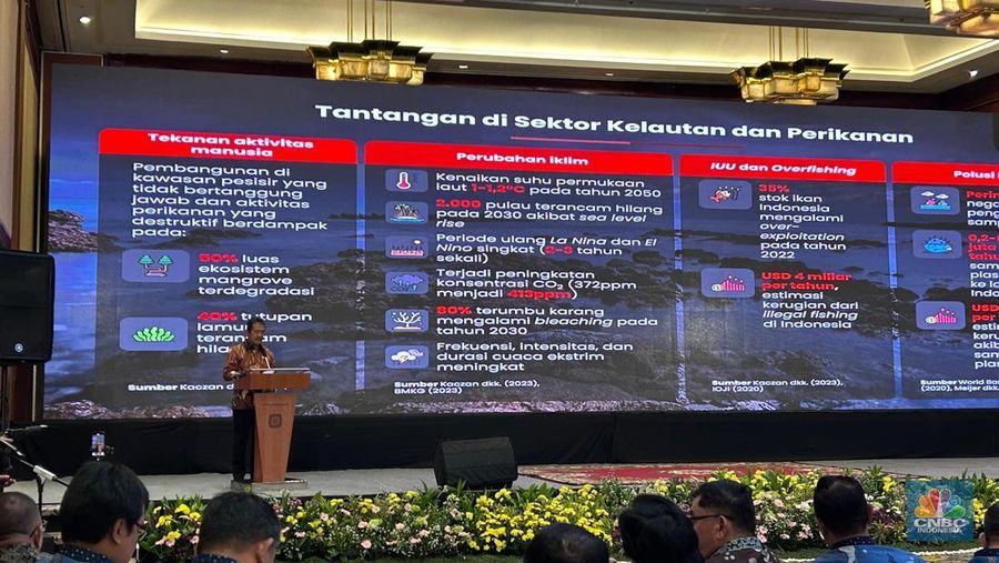 Menteri Kelautan dan Perikanan (MenKP) Sakti Wahyu Trenggono saat memberikan paparan dalam Rapat Kerja Teknis Direktorat Jenderal Penataan Ruang Laut KKP di Jakarta, Selasa (15/7/2025). (CNBC Indonesia/Martyasari Rizky)