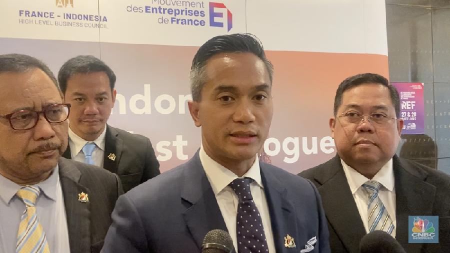 Ketua Umum Kamar Dagang dan Industri Inonesia (KADIN), Anindya Novyan Bakrie menyampaikan keterangan pers di Paris, Prancis, Selasa (15/7/2025). (CNBC Indonesia/Seft Oktarianisa)