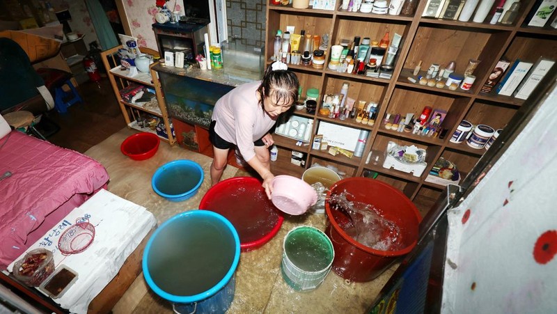 Pemandangan udara banjir yang disebabkan oleh hujan deras di Yesan, Korea Selatan, 17 Juli 2025. (Yonhap via REUTERS)