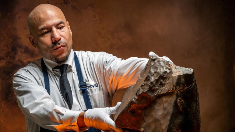 FILE PHOTO: Meteorit NWA 16788, potongan Mars terbesar yang diketahui di Bumi, dipamerkan dalam pratinjau pers lelang Sotheby’s Natural History di New York City, AS, 8 Juli 2025. REUTERS/Eduardo Munoz/Foto Arsip