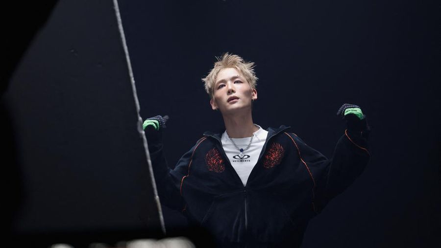 Members of K-pop boy band 1VERSE, including Hyuk and Seok who defected from North Korea, as well as Aito, Nathan and Kenny, perform their new single in front of a camera in Seoul, South Korea, May 21, 2025. REUTERS/Kim Soo-hyeon