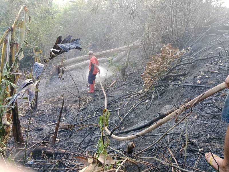Tim gabungan melakukan pemadaman titik api pada Kebakaran Hutan dan Lahan (Karhutla) yang terjadi di dua kecamatan yang ada di Kabupaten Simalungun, Provinsi Sumatera Utara, pada Kamis (17/7) pukul 10.00 WIB. (Dok. BPBD Kabupaten Simalungun)