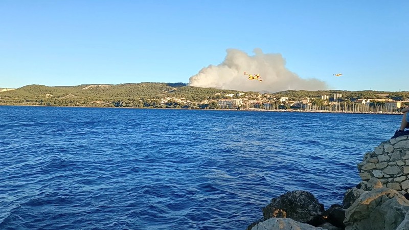 Pohon-pohon terbakar saat kebakaran di Martigues, Prancis, Jumat (18/7/2025). (REUTERS/Manon Cruz)