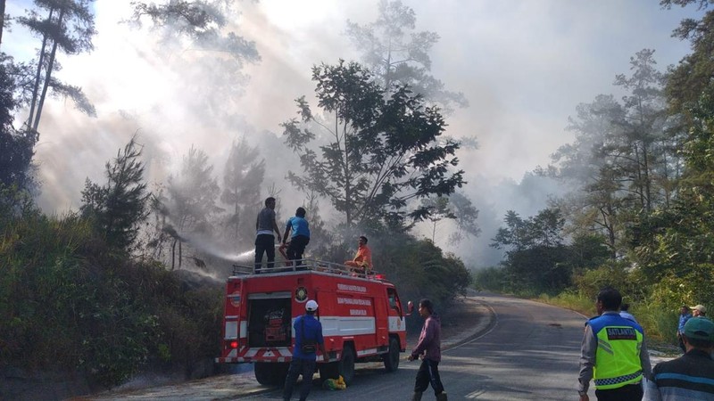 Tim gabungan melakukan pemadaman titik api pada Kebakaran Hutan dan Lahan (Karhutla) yang terjadi di dua kecamatan yang ada di Kabupaten Simalungun, Provinsi Sumatera Utara, pada Kamis (17/7) pukul 10.00 WIB. (Dok. BPBD Kabupaten Simalungun)