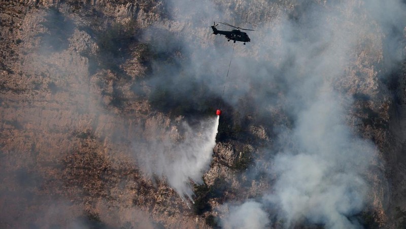 Seseorang berdiri di tengah asap saat kebakaran hutan melanda sebuah desa di Dubrava, Kosovo, 22 Juli 2025. (REUTERS/Valdrin Xhemaj)