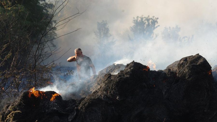 Seseorang berdiri di tengah asap saat kebakaran hutan melanda sebuah desa di Dubrava, Kosovo, 22 Juli 2025. (REUTERS/Valdrin Xhemaj)