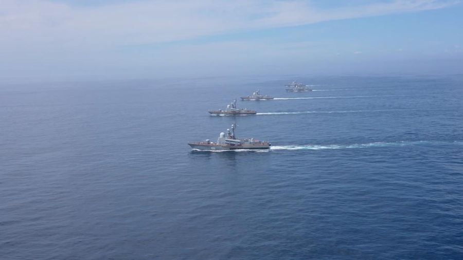 A view shows Russian warships during major naval drills, which are conducted by the Russian Navy in the Pacific and Arctic oceans and in the Baltic and Caspian seas, at an unknown location, in this still image taken from video released July 23, 2025. Russian Defence Ministry/Handout via REUTERS ATTENTION EDITORS - THIS IMAGE HAS BEEN SUPPLIED BY A THIRD PARTY. NO RESALES. NO ARCHIVES. MANDATORY CREDIT.
