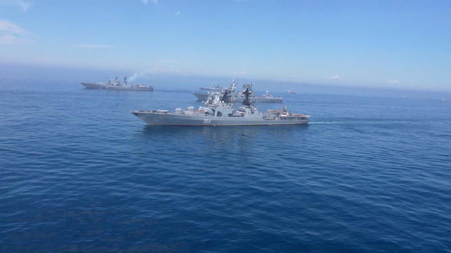 A view shows Russian warships during major naval drills, which are conducted by the Russian Navy in the Pacific and Arctic oceans and in the Baltic and Caspian seas, at an unknown location, in this still image taken from video released July 23, 2025. Russian Defence Ministry/Handout via REUTERS ATTENTION EDITORS - THIS IMAGE HAS BEEN SUPPLIED BY A THIRD PARTY. NO RESALES. NO ARCHIVES. MANDATORY CREDIT.