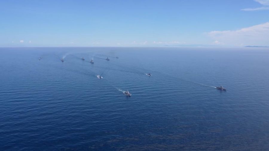 A view shows Russian warships during major naval drills, which are conducted by the Russian Navy in the Pacific and Arctic oceans and in the Baltic and Caspian seas, at an unknown location, in this still image taken from video released July 23, 2025. Russian Defence Ministry/Handout via REUTERS ATTENTION EDITORS - THIS IMAGE HAS BEEN SUPPLIED BY A THIRD PARTY. NO RESALES. NO ARCHIVES. MANDATORY CREDIT.