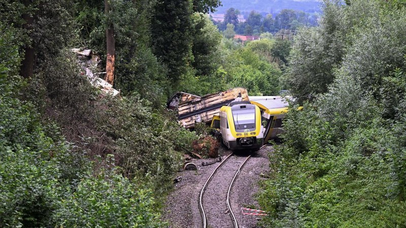 Kereta penumpang regional tergelincir di kawasan hutan dekat kota Riedlingen, negara bagian Baden-Wurttemberg, Jerman barat daya, pada Minggu, (27/7/2025). (REUTERS/Angelika Warmuth)