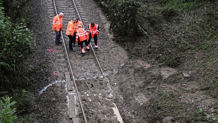Kereta penumpang regional tergelincir di kawasan hutan dekat kota Riedlingen, negara bagian Baden-Wurttemberg, Jerman barat daya, pada Minggu, (27/7/2025). (REUTERS/Angelika Warmuth)